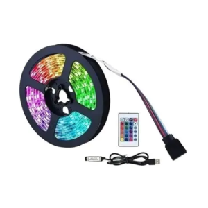 Rollo de tira LED RGB de 3 metros con mando a distancia y cable de conexión USB sobre fondo blanco.