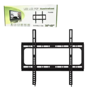 Soporte metálico negro para televisores de 26 a 63 pulgadas junto a su caja de empaque original.