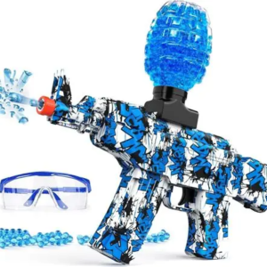 Pistola de juguete Hydrogel con diseño de grafiti azul, cargador superior y gafas protectoras.