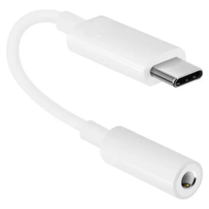 Adaptador de color blanco con conector USB tipo C en un extremo y entrada de audio Jack 3.5mm en el otro.