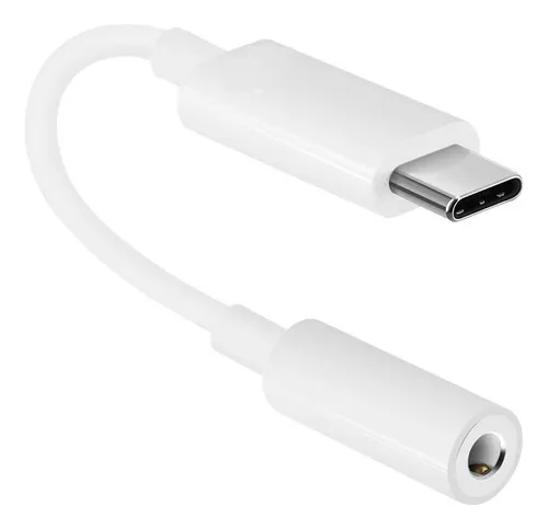 Adaptador de color blanco con conector USB tipo C en un extremo y entrada de audio Jack 3.5mm en el otro.