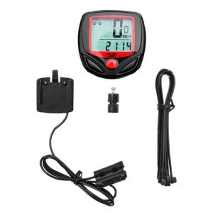 Kit de velocímetro digital para bicicleta con pantalla LCD, sensor cableado, imán y bridas de sujeción.
