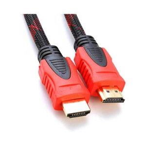 Dos conectores de cable HDMI con extremos rojos y contactos dorados sobre fondo blanco.