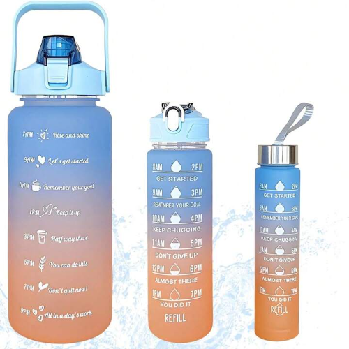 Tres botellas de agua degradadas en tonos azul y naranja con marcas de tiempo y frases motivacionales para hidratarse.