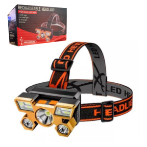 Linterna frontal LED de alta potencia con banda elástica ajustable y caja de empaque.