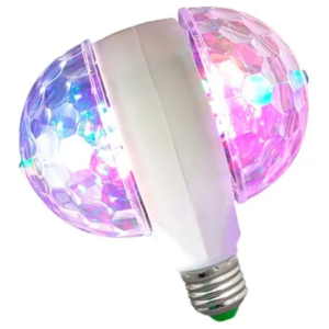 Lámpara LED con dos esferas tipo disco facetadas que proyectan luces de colores sobre una base blanca