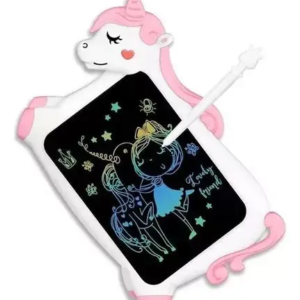 Pizarra digital de 10 pulgadas con forma de unicornio blanco y rosa, incluye un lápiz óptico y dibujos coloridos.