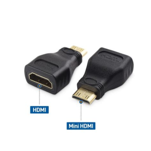 Adaptador de HDMI a Mini HDMI sobre fondo blanco, mostrando los conectores y sus etiquetas correspondientes.