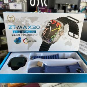 Caja abierta de Smartwatch ZT-Max30 mostrando el reloj con malla negra y una malla adicional de color azul.