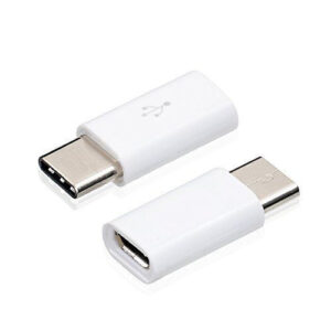 Dos adaptadores de color blanco con conector USB Tipo C y entrada Micro USB sobre fondo blanco.