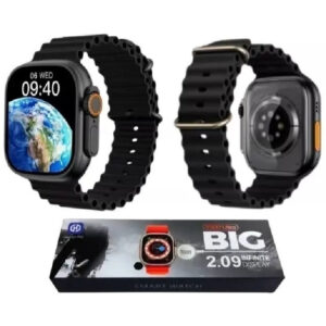 Dos vistas de un smartwatch negro con correa de silicona y su caja original que muestra una pantalla de 2.09 pulgadas.