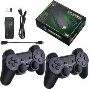 Kit de consola Game Stick Lite con dos mandos inalámbricos, cable HDMI y caja de empaque sobre fondo blanco.