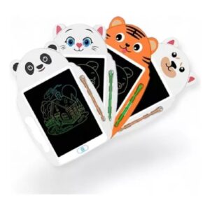 Cuatro pizarras digitales de 9 pulgadas con formas de panda, gato, tigre y perro, cada una con su lápiz óptico.