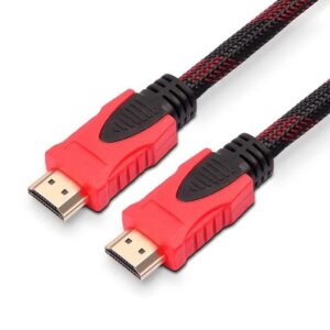 Dos conectores HDMI macho con revestimiento de nailon trenzado negro y rojo sobre fondo blanco.