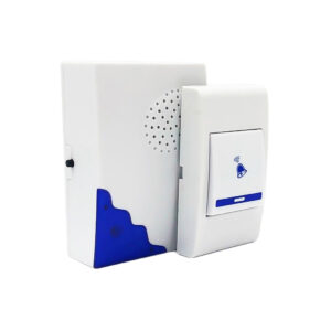 Timbre inalámbrico blanco con botón de llamada azul y receptor de pared con altavoz integrado.