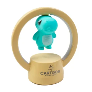 Lámpara de noche circular color crema con una figura de dinosaurio turquesa colgando en el centro.