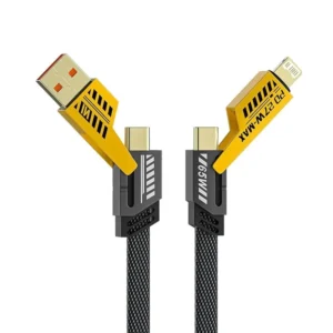 Cable de carga con conectores USB-C y Lightning con adaptadores abatibles amarillos y detalles de potencia en vatios.