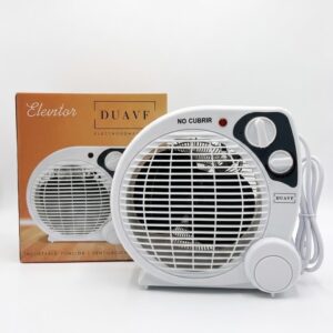 Caloventor eléctrico de color blanco marca Duavf junto a su caja de cartón sobre fondo blanco.