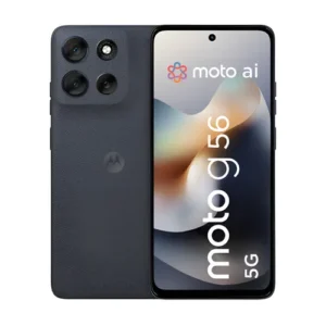 Smartphone Motorola G56 5G con acabado texturizado gris oscuro, mostrando la parte trasera y la pantalla frontal.