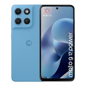 Smartphone Motorola G17 Power en color azul con cámara trasera de múltiples lentes y pantalla con el logo de moto ai.