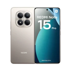 Smartphone Redmi Note 15 Pro de color beige visto de frente y de espaldas con módulo de cámaras cuadrado.