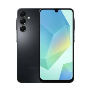 Vista frontal y posterior del smartphone Samsung Galaxy A16 en color negro sobre fondo blanco.