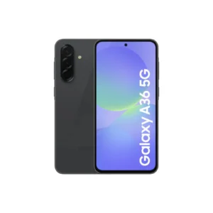 Smartphone Samsung Galaxy A36 5G con diseño gris oscuro y pantalla encendida mostrando el nombre del modelo.