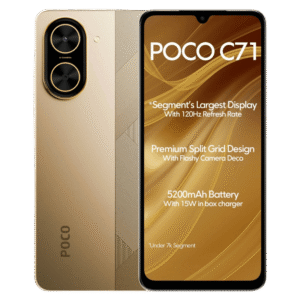 Smartphone Poco C71 de color dorado mostrando la parte trasera con cámaras y la pantalla frontal con especificaciones.