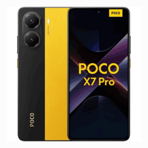 Smartphone Poco X7 Pro con diseño en negro y amarillo, mostrando la pantalla frontal y la cámara trasera.