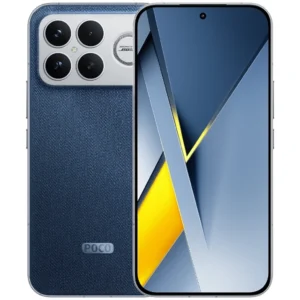 Smartphone Poco F8 Pro en color azul con diseño de doble cara mostrando la cámara trasera y la pantalla frontal.