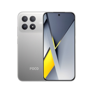 Smartphone Poco F8 Pro de color gris con diseño de triple cámara y pantalla abstracta en tonos amarillos y grises.