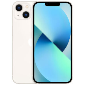 iPhone 13 de color blanco visto desde el frente y la parte posterior con pantalla encendida y fondo azul claro.