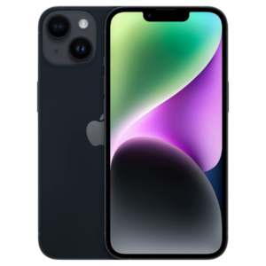 iPhone 14 en color medianoche mostrando su diseño frontal y trasero sobre fondo blanco.