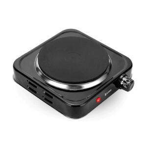 Anafe eléctrico de una hornalla marca Suono color negro con perilla de control y luz indicadora encendida