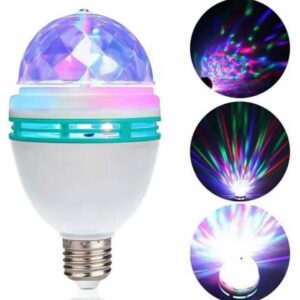 Bombilla LED giratoria con cúpula facetada y efectos de luz multicolor para fiestas.